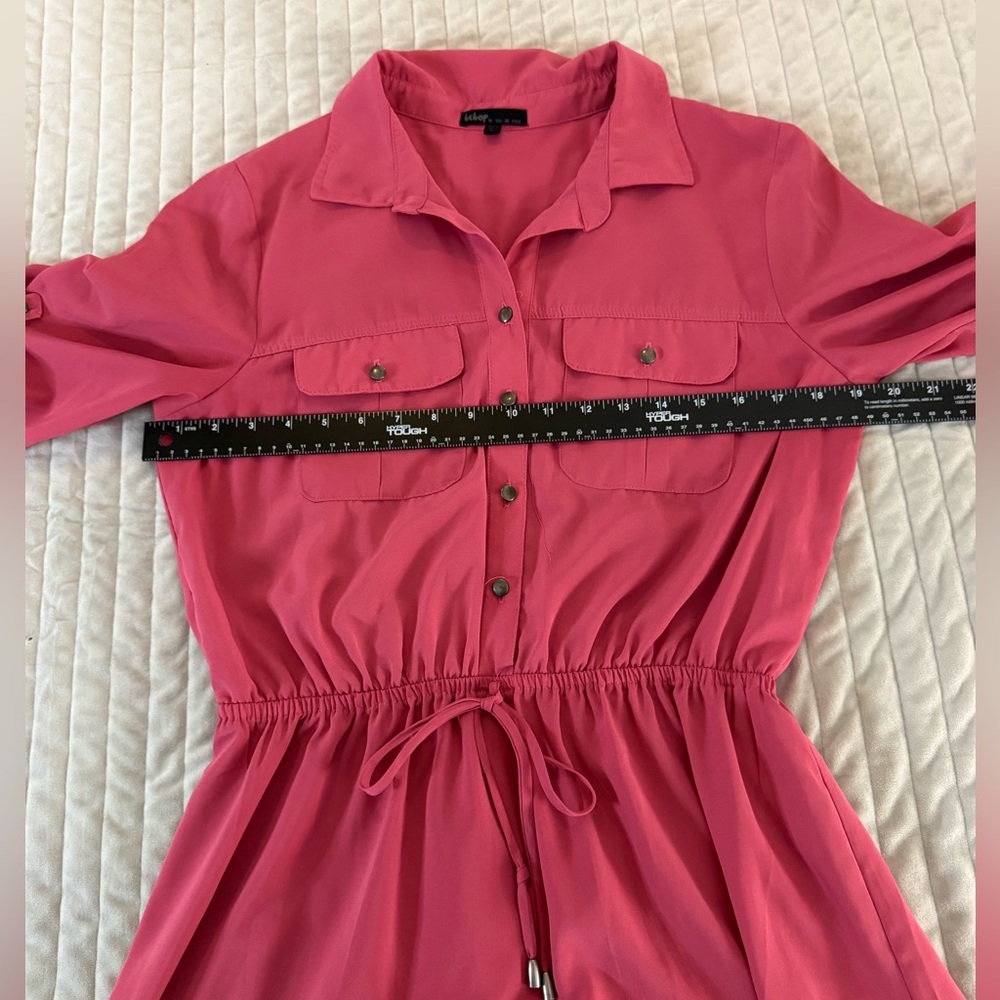 Bebop Pink Button Front Shirt Dress Drawstring Waist Roll Tab Sleeves - Size L - Picture 6 of 8
